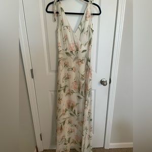 White with green and pink floral design maxi dress